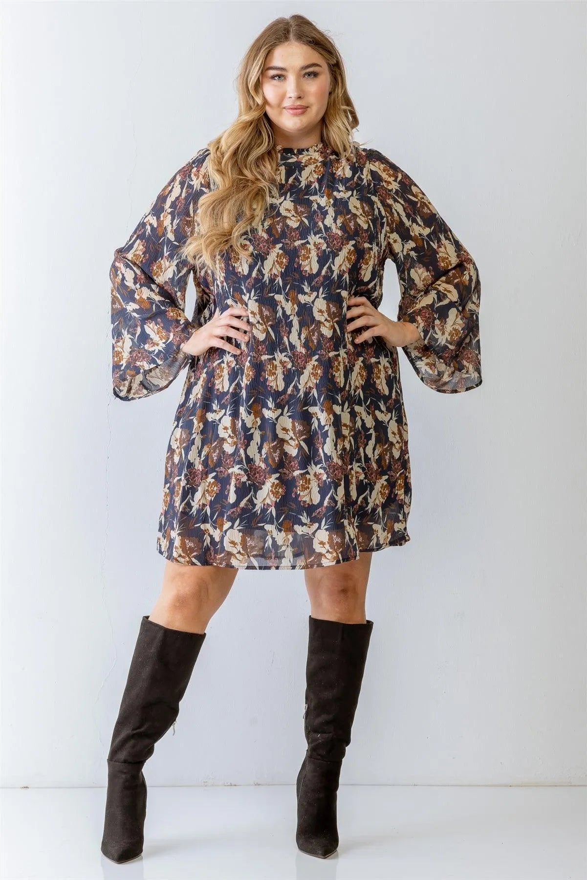 Junior Plus Denim Floral Print Textured Mini Dress /3-2-1 - Tasha Apparel Wholesale