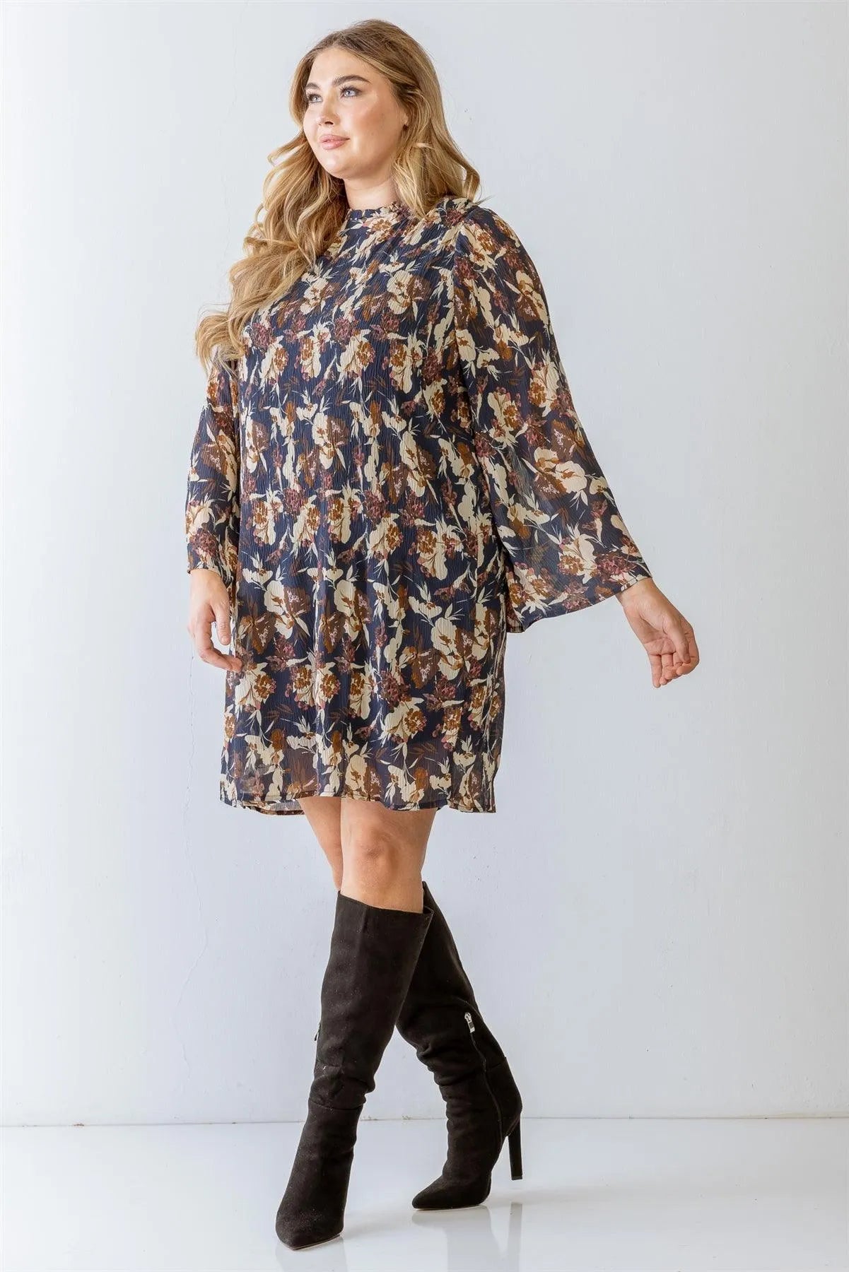 Junior Plus Denim Floral Print Textured Mini Dress /3-3-2 - Tasha Apparel Wholesale