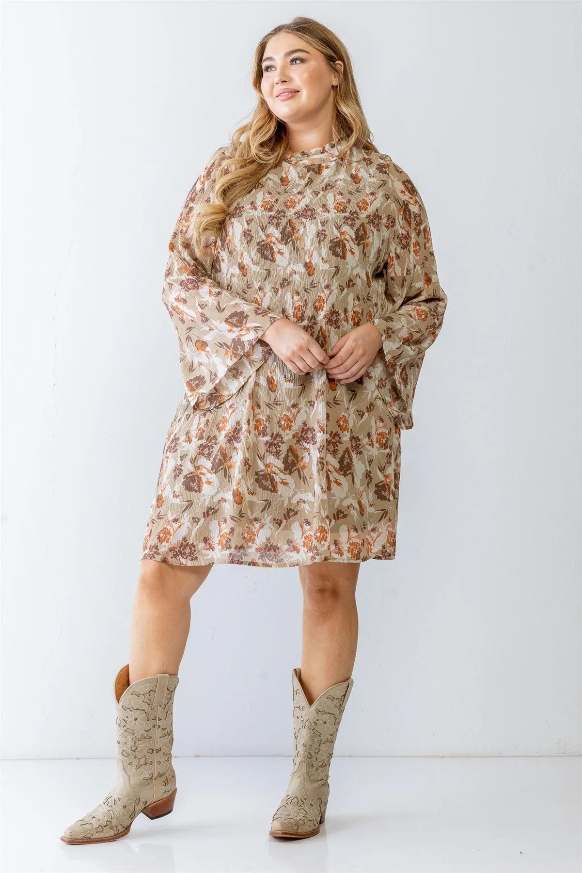 Junior Plus Taupe Floral Print Textured Mini Dress /3-2-1 - Tasha Apparel Wholesale