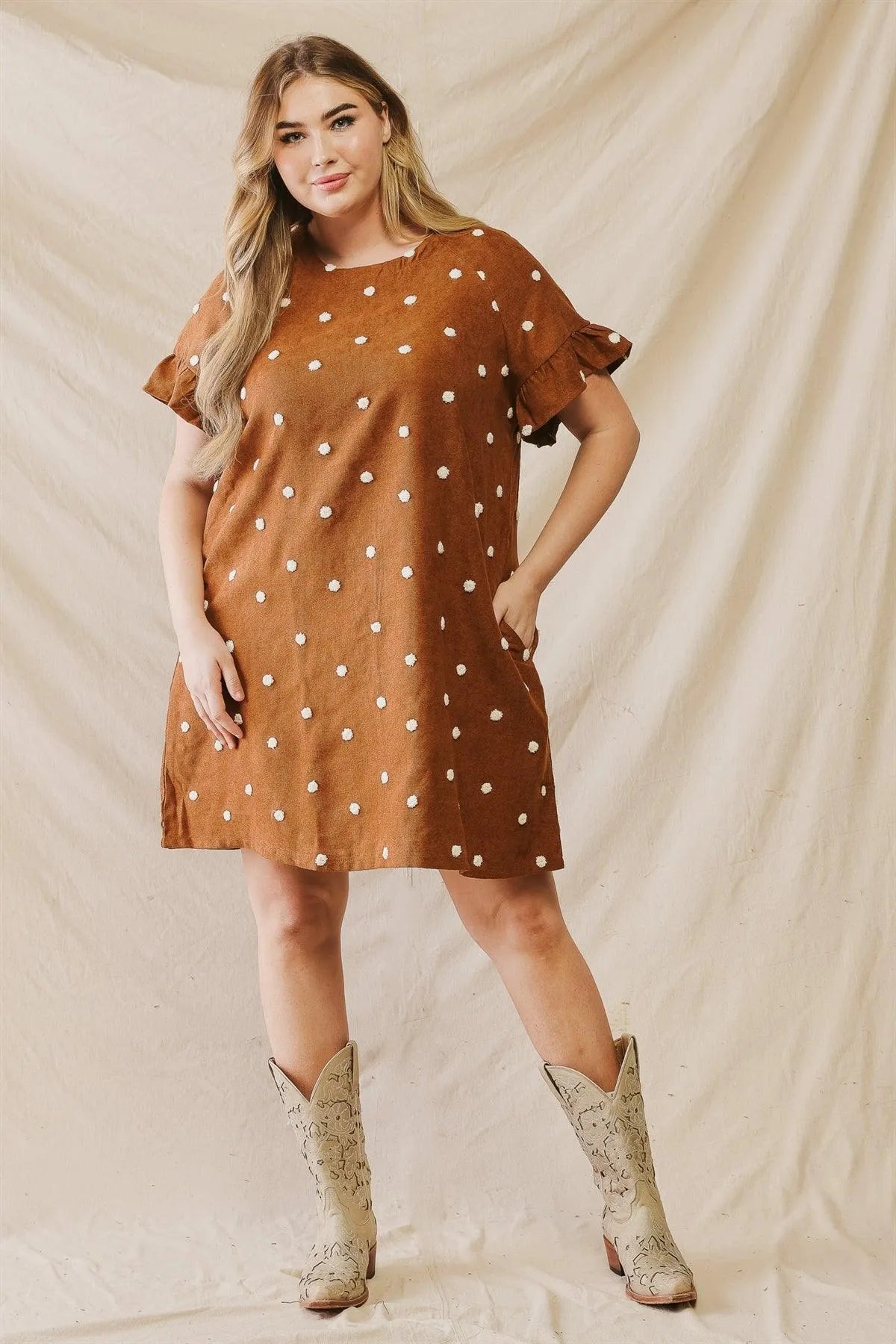 Junior Plus Camel Polka Dot Short Ruffle Sleeve Two Pocket Mini Dress /2-2-1 - Tasha Apparel Wholesale