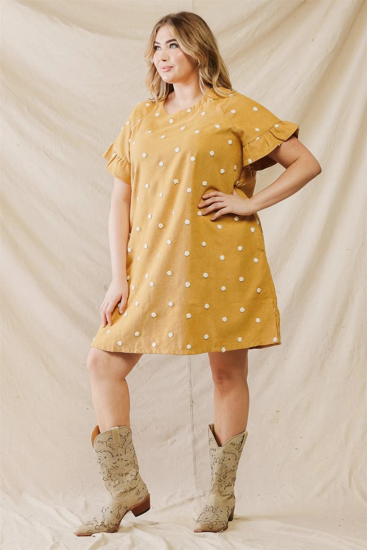Junior Plus Mustard Polka Dot Short Ruffle Sleeve Two Pocket Mini Dress /3-2-1 - Tasha Apparel Wholesale
