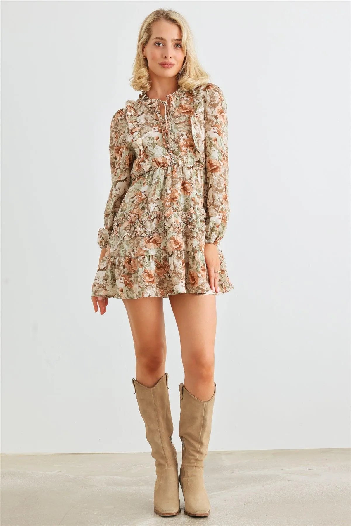 Green Floral Ruffle Tie Neck Puff Long Sleeve Mini Dress /2-2-2 - Tasha Apparel Wholesale