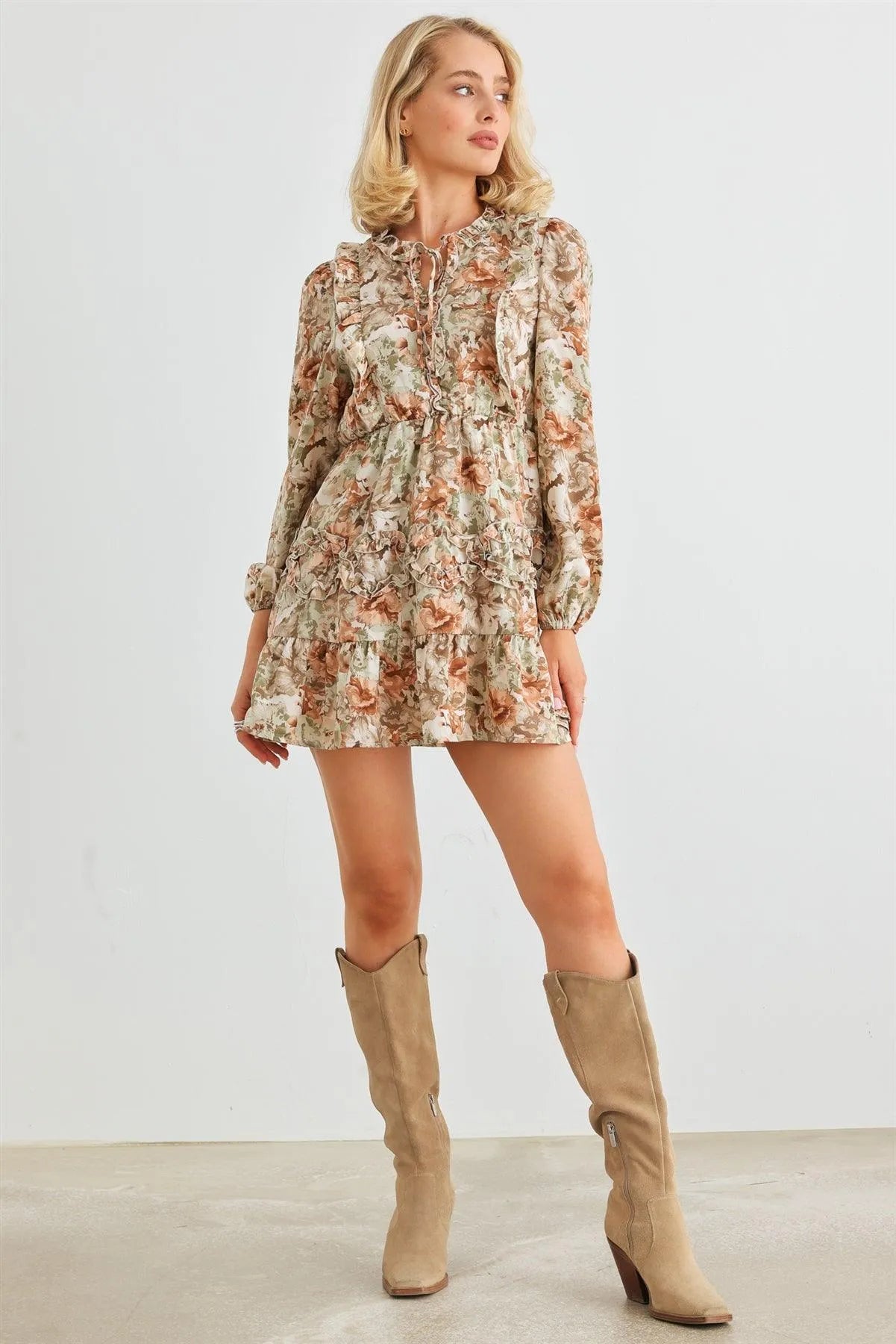 Green Floral Ruffle Tie Neck Puff Long Sleeve Mini Dress /3-2-3 - Tasha Apparel Wholesale