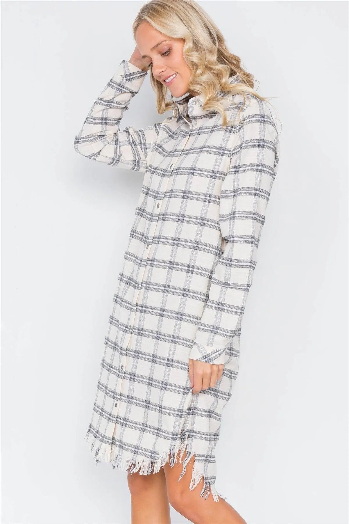 Ivory & Black Plaid Stripe Raw High-Low Hem Flannel Dress /2-2-2 - Tasha Apparel Wholesale