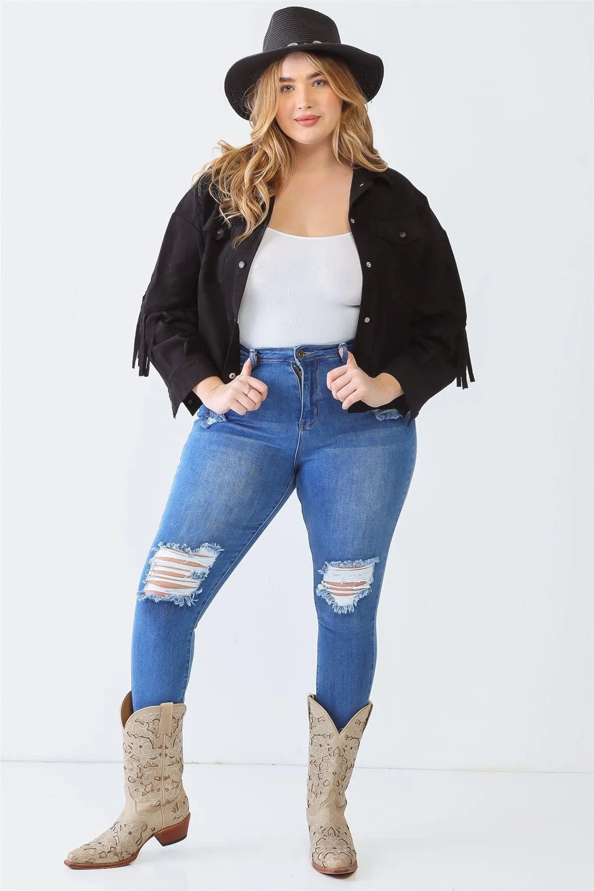 Junior Plus Black Suede Leather Fringe Collared Neck Two Pocket Long Sleeve Jacket /1-1-1 - Tasha Apparel Wholesale