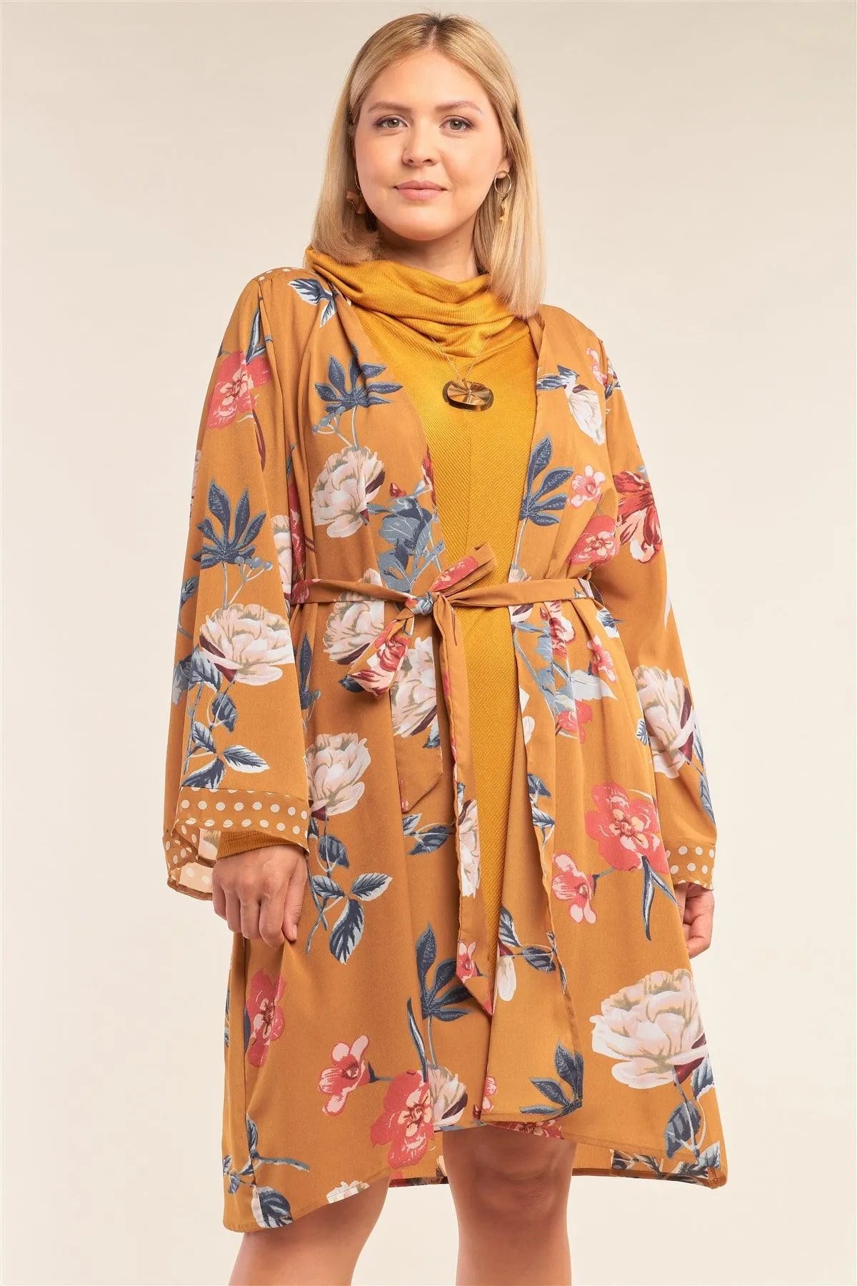 Junior Plus Size Mustard Floral Print Open Front Polka Dot Hem Sleeve Self-Tie Waist Kimono/Cover Up /3-2-1 - Tasha Apparel Wholesale