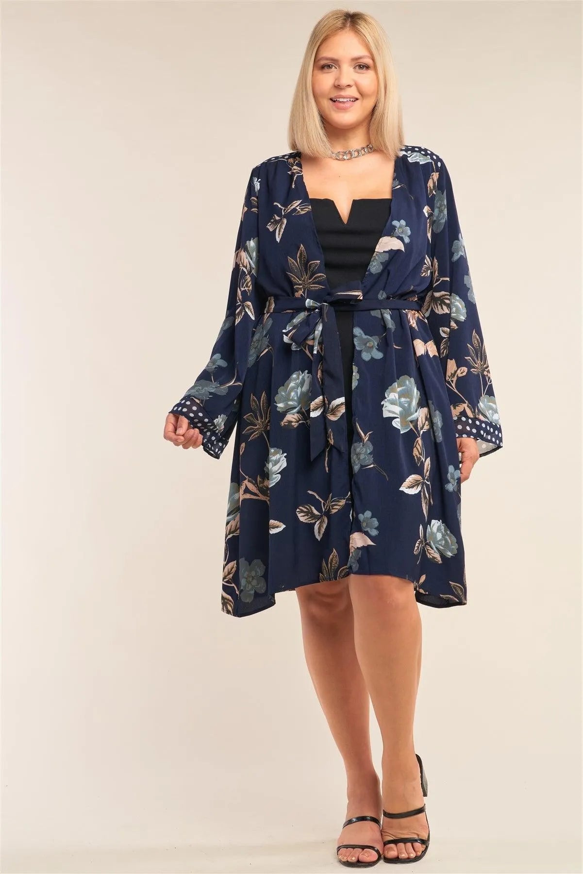 Junior Plus Size Navy Blue Floral Print Open Front Polka Dot Hem Sleeve Self-Tie Waist Kimono/Cover Up /3-2-1 - Tasha Apparel Wholesale