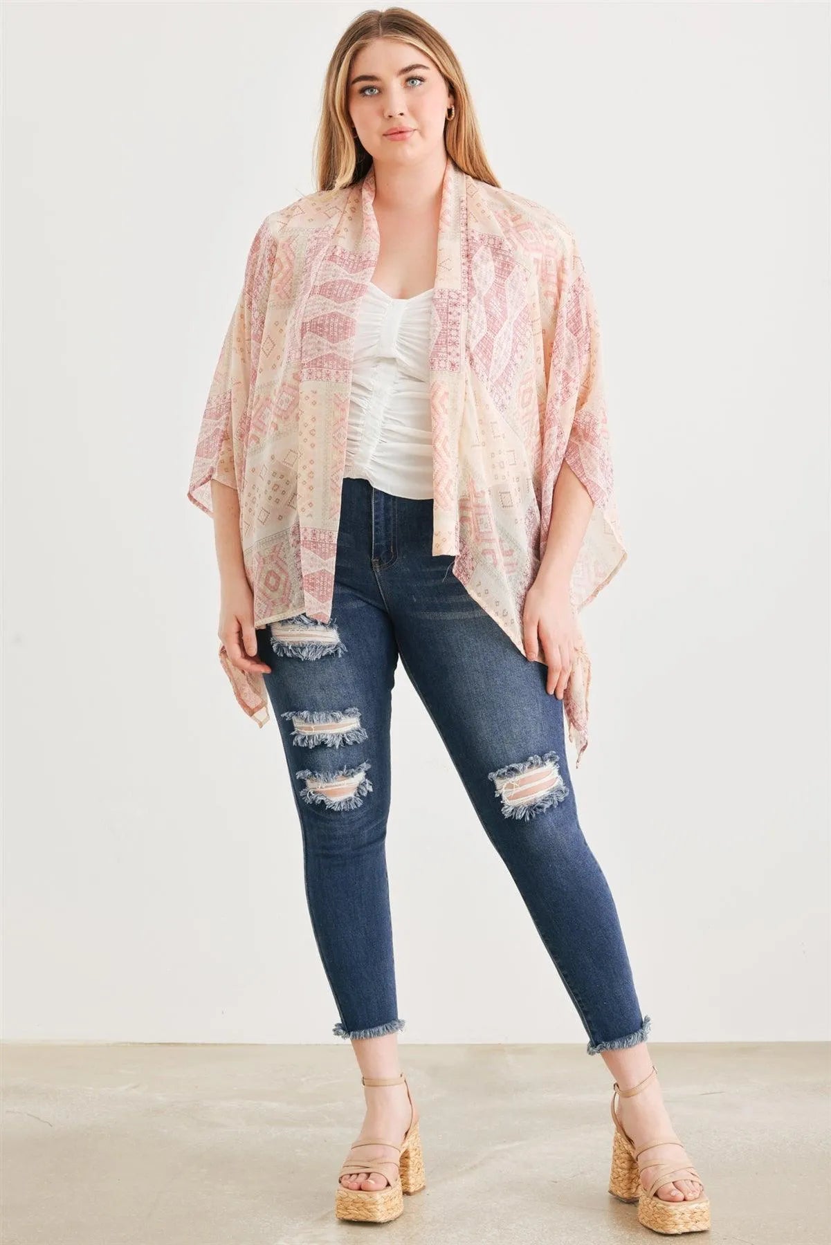 Junior Plus Berry Tribal Print Chiffon Open Front Kimono/Cover Up /2-2-1 - Tasha Apparel Wholesale