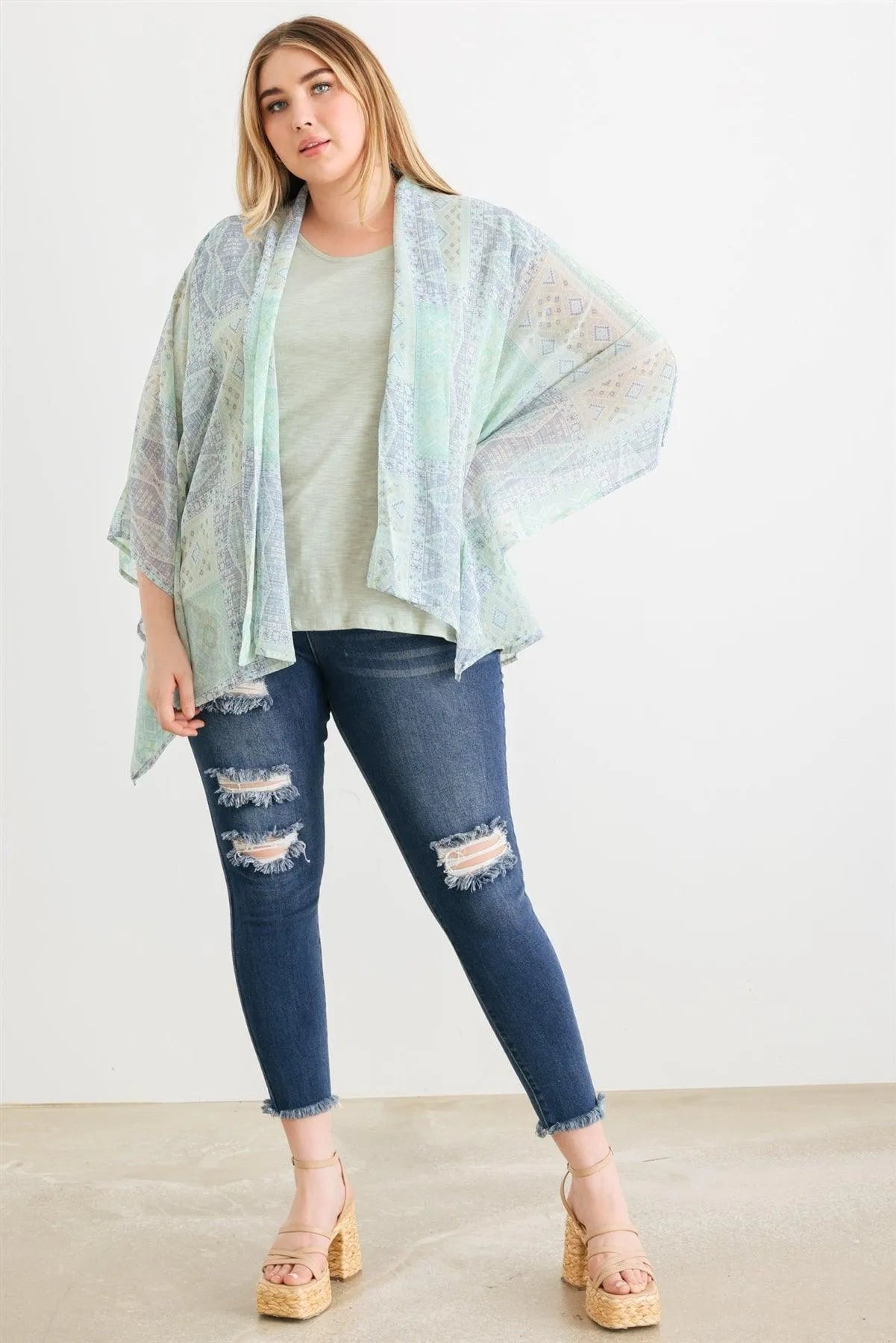 Junior Plus Mint Tribal Print Chiffon Open Front Kimono/Cover Up /1-2-1 - Tasha Apparel Wholesale