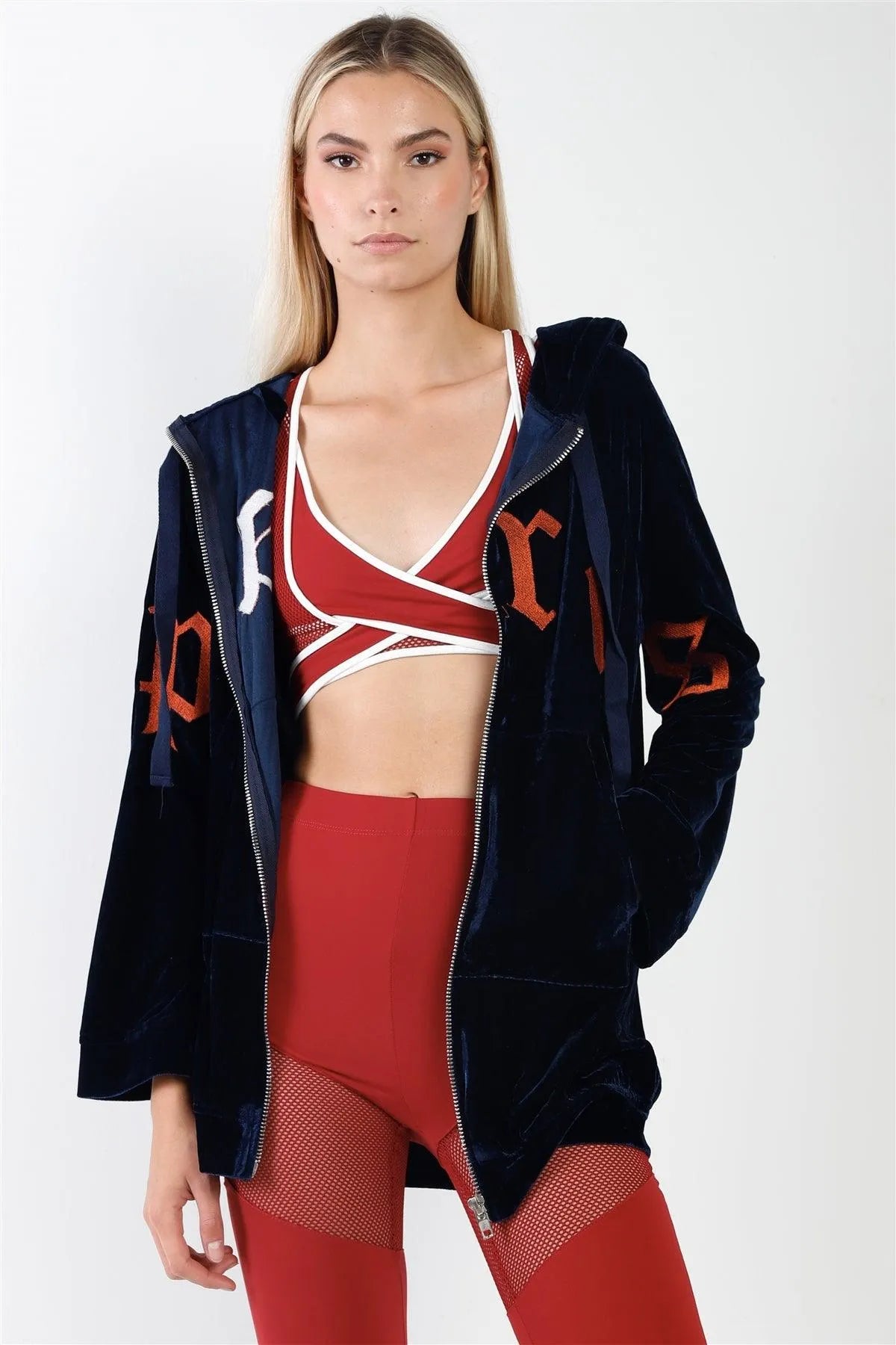 Navy Velvet Graphic Letters Zip Up Hoodie Sweatshirt /3-2-1 - Tasha Apparel Wholesale