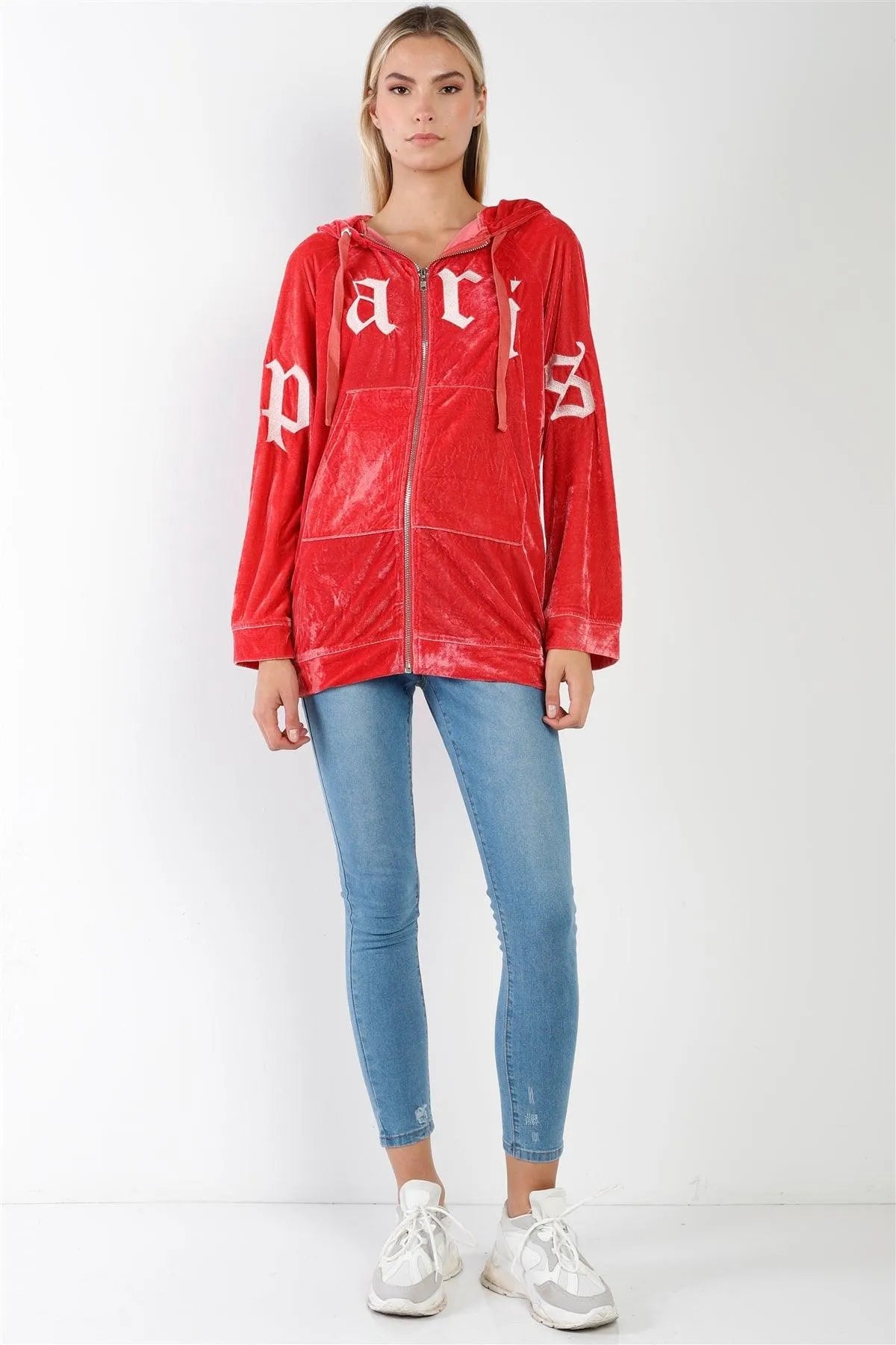 Velvet Graphic Letters Zip Up Hoodie Sweatshirt /3-2-1 - Tasha Apparel Wholesale