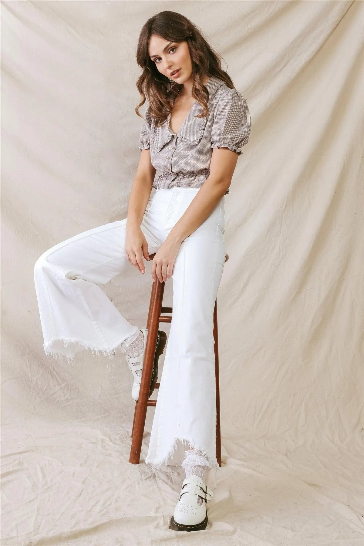 White Denim High Waist Cotton Material Wide Leg Raw Hem Pants /2-4-3-2-2-1 - Tasha Apparel Wholesale