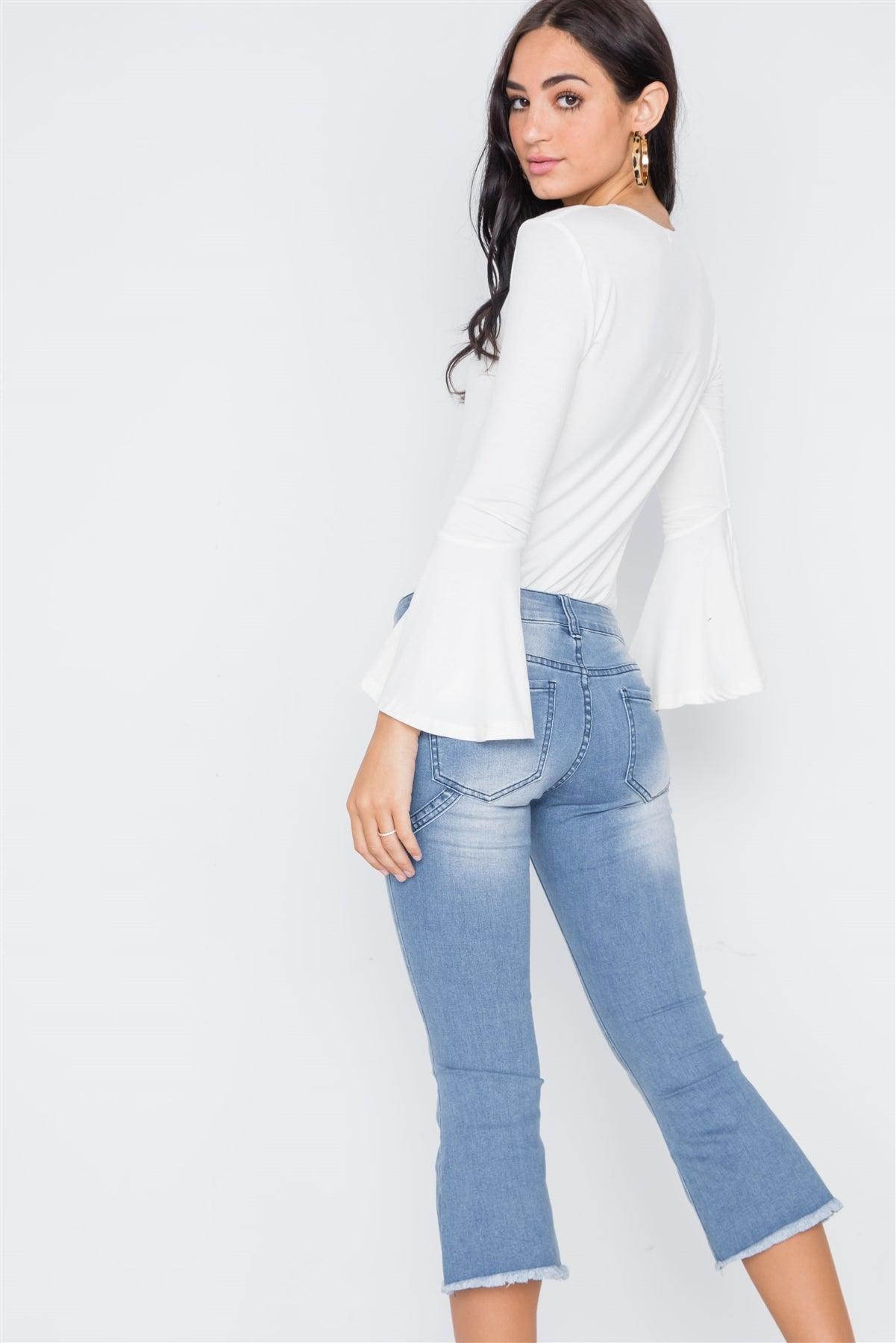 Denim Light Blue Mid-Rise Flare Cropped Jeans