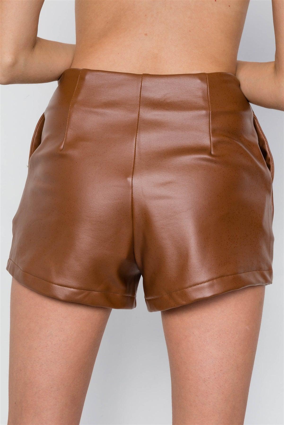 Camel Faux Leather High Waist Retro Mini Shorts