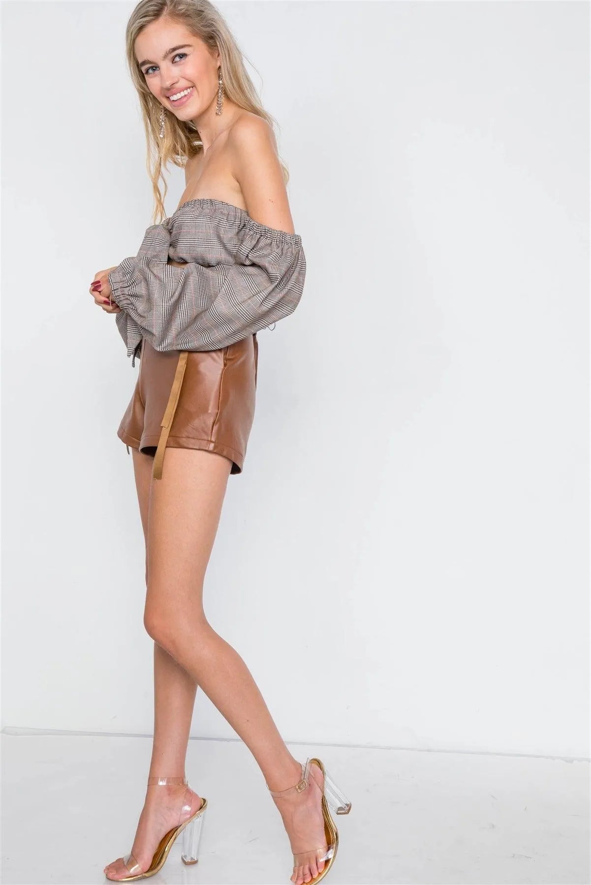 Camel Faux Leather High Waist Retro Mini Shorts - Tasha Apparel Wholesale