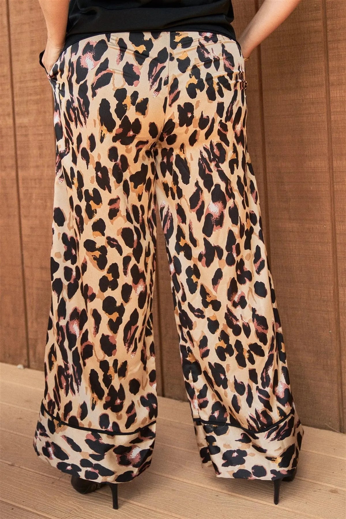 Junior Plus Leopard Print Satin Wide Leg Pants /2-2-2 - Tasha Apparel Wholesale