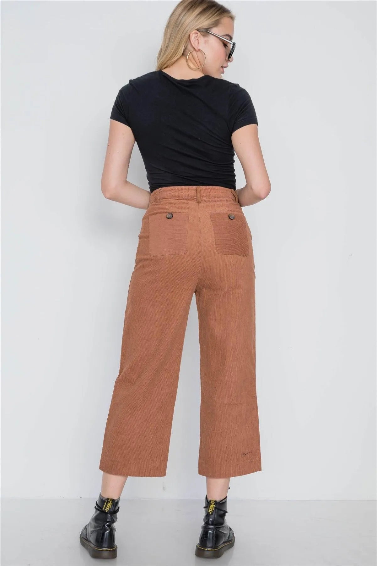 Camel Corduroy Wide Leg Cropped Pants /1-2-2 - Tasha Apparel Wholesale