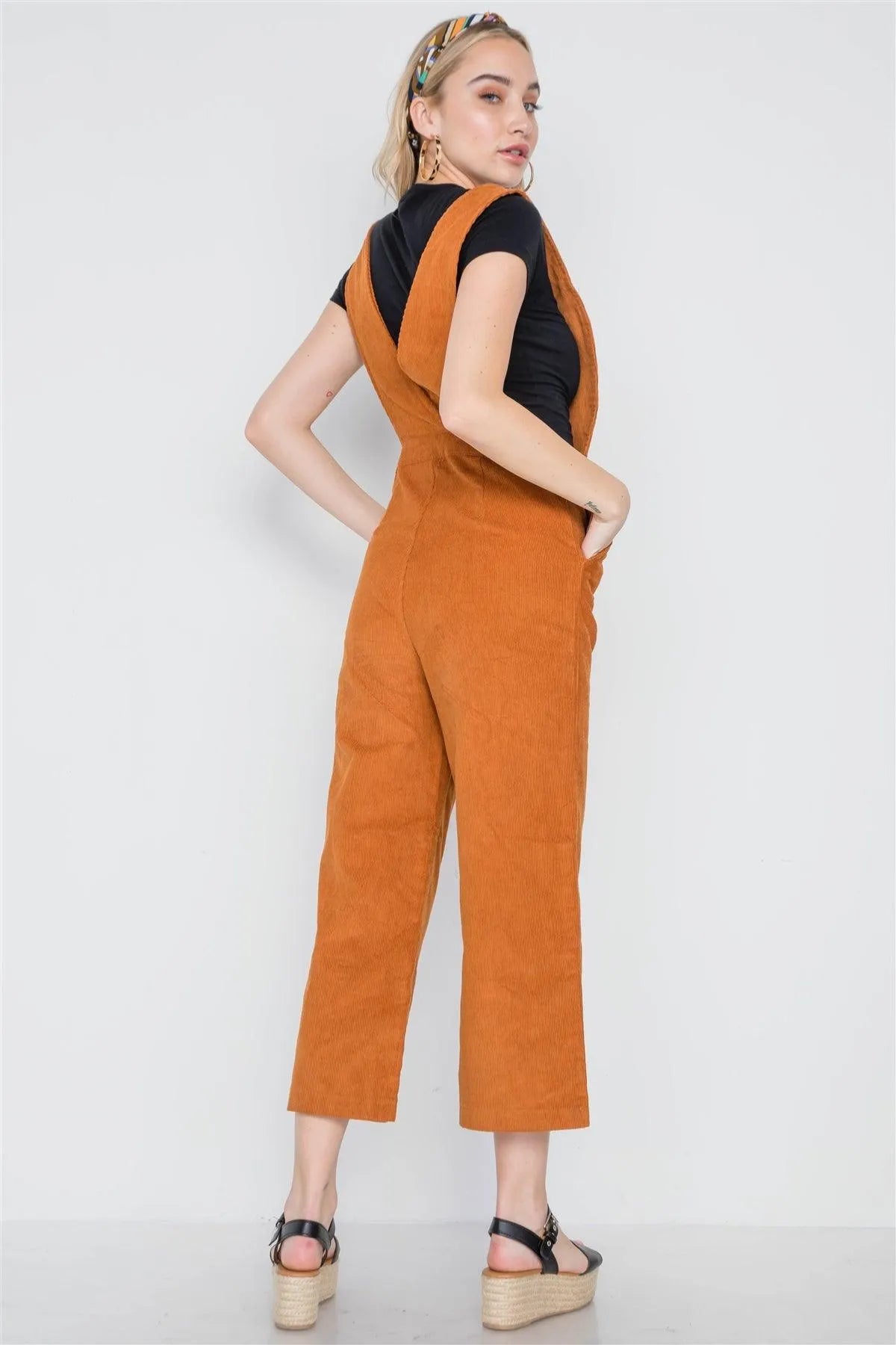Camel Corduroy Button Front Ankle Length Overall Jumpsuit /2-2-2 - Tasha Apparel Wholesale