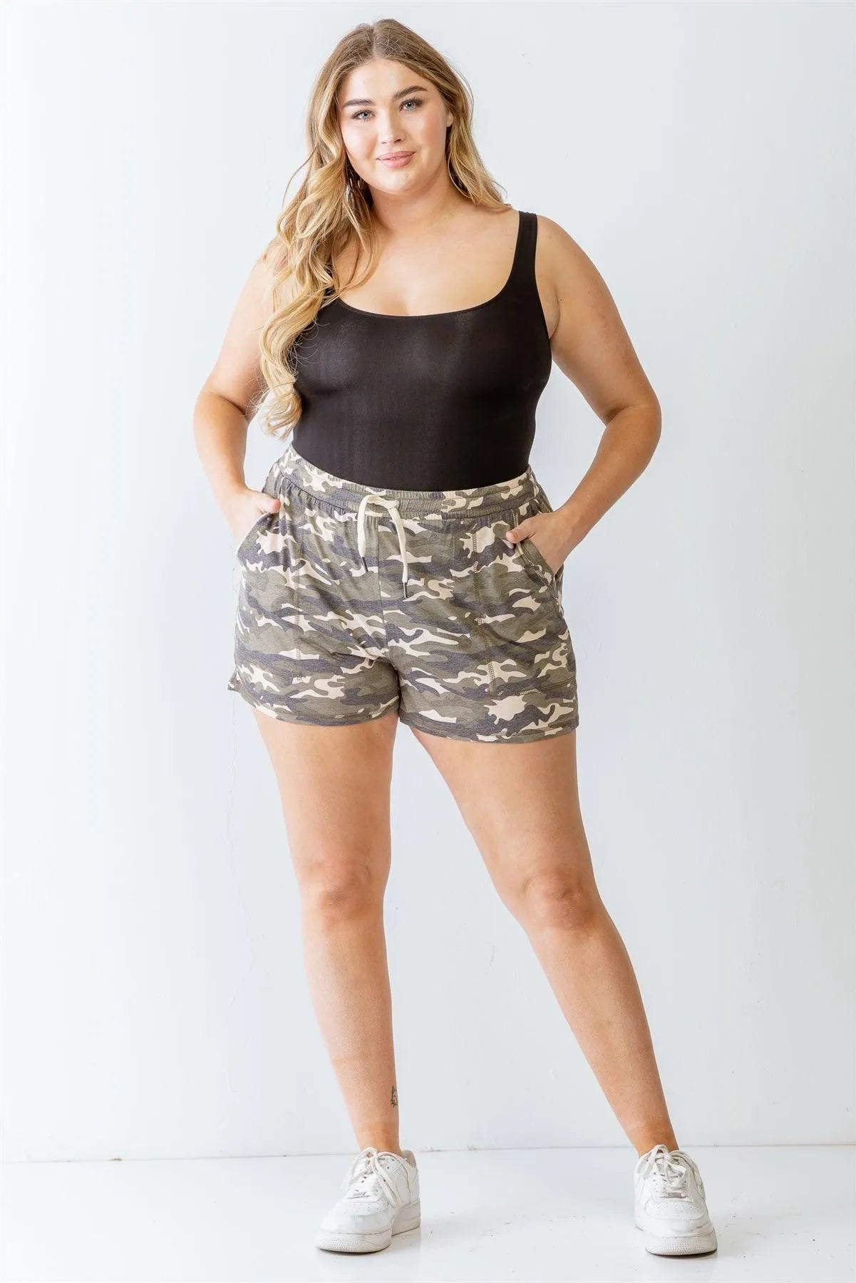 Junior Plus Camo Olive Two Pocket High Waist Shorts /3-2-1 - Tasha Apparel Wholesale