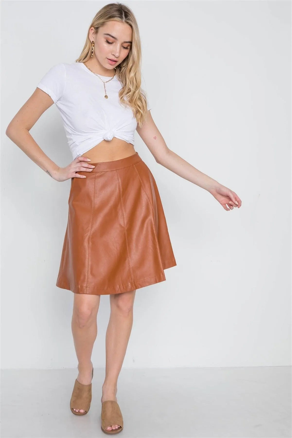 Camel A-Line High-Waist Vegan Leather Skirt /3-3 - Tasha Apparel Wholesale