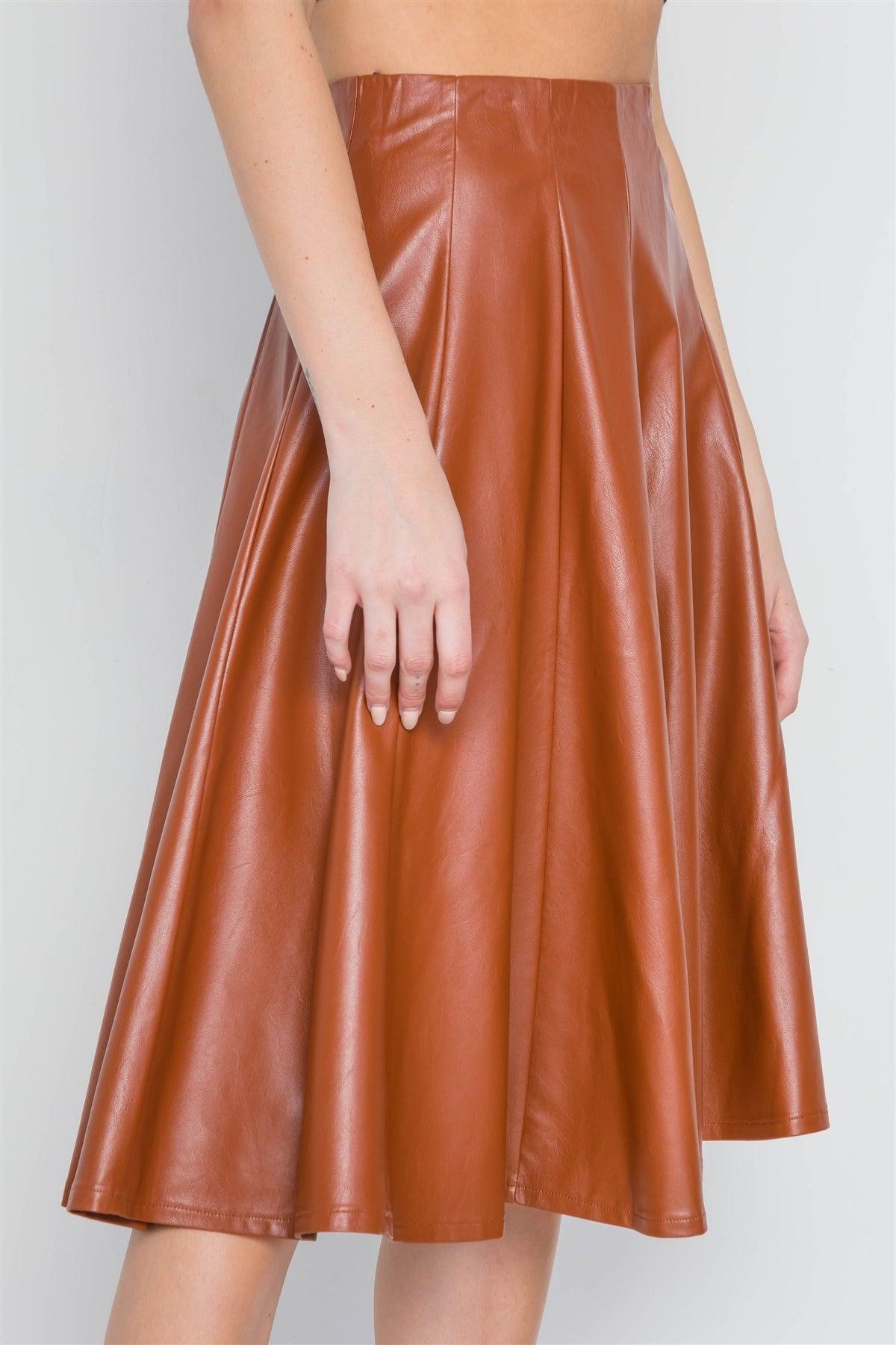 Camel Vegan Leather A-Line High-Waist Skirt