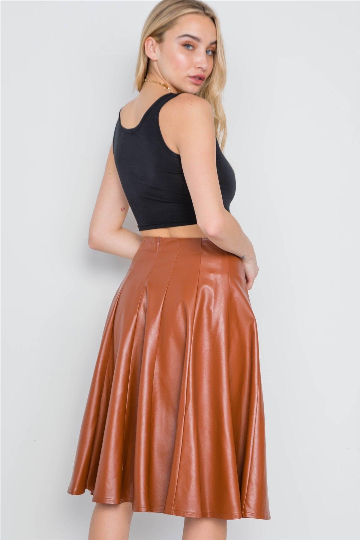Camel Vegan Leather A-Line High-Waist Skirt