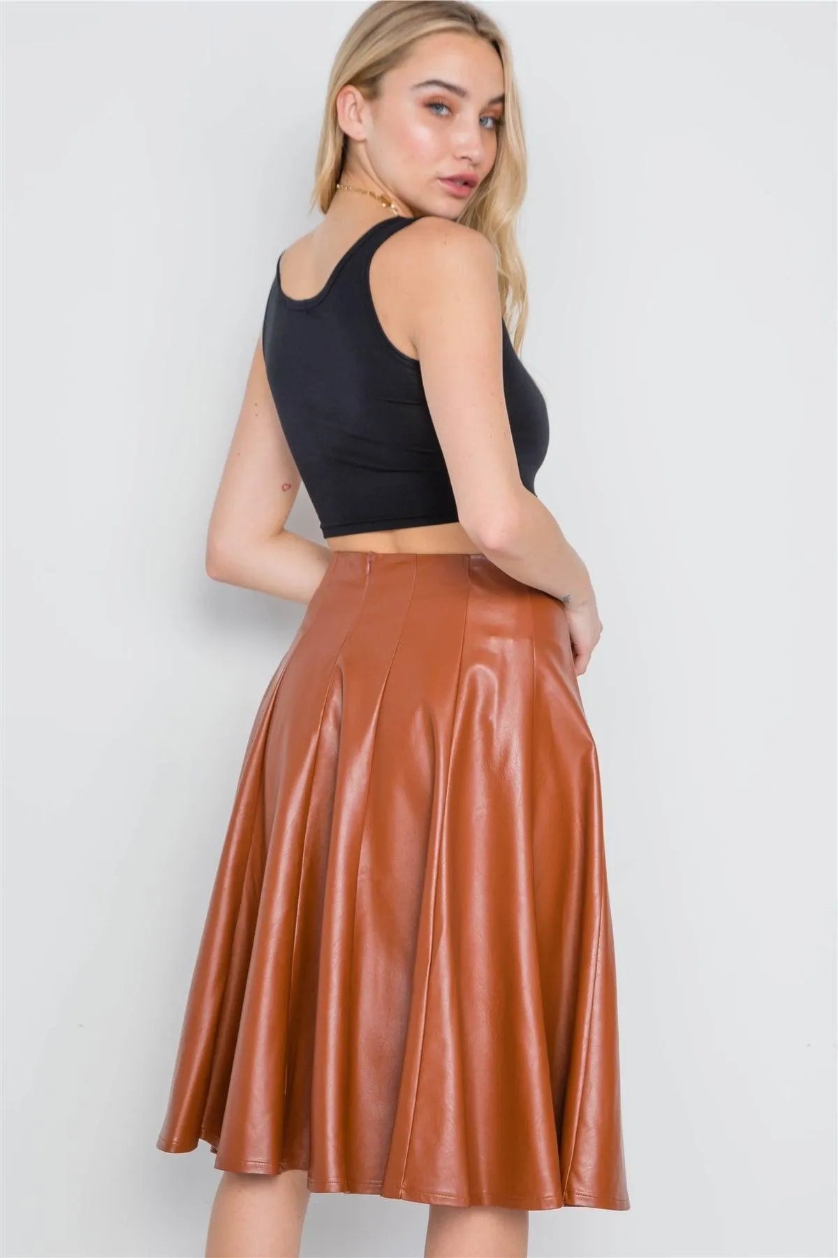Camel Vegan Leather A-Line High-Waist Skirt - Tasha Apparel Wholesale