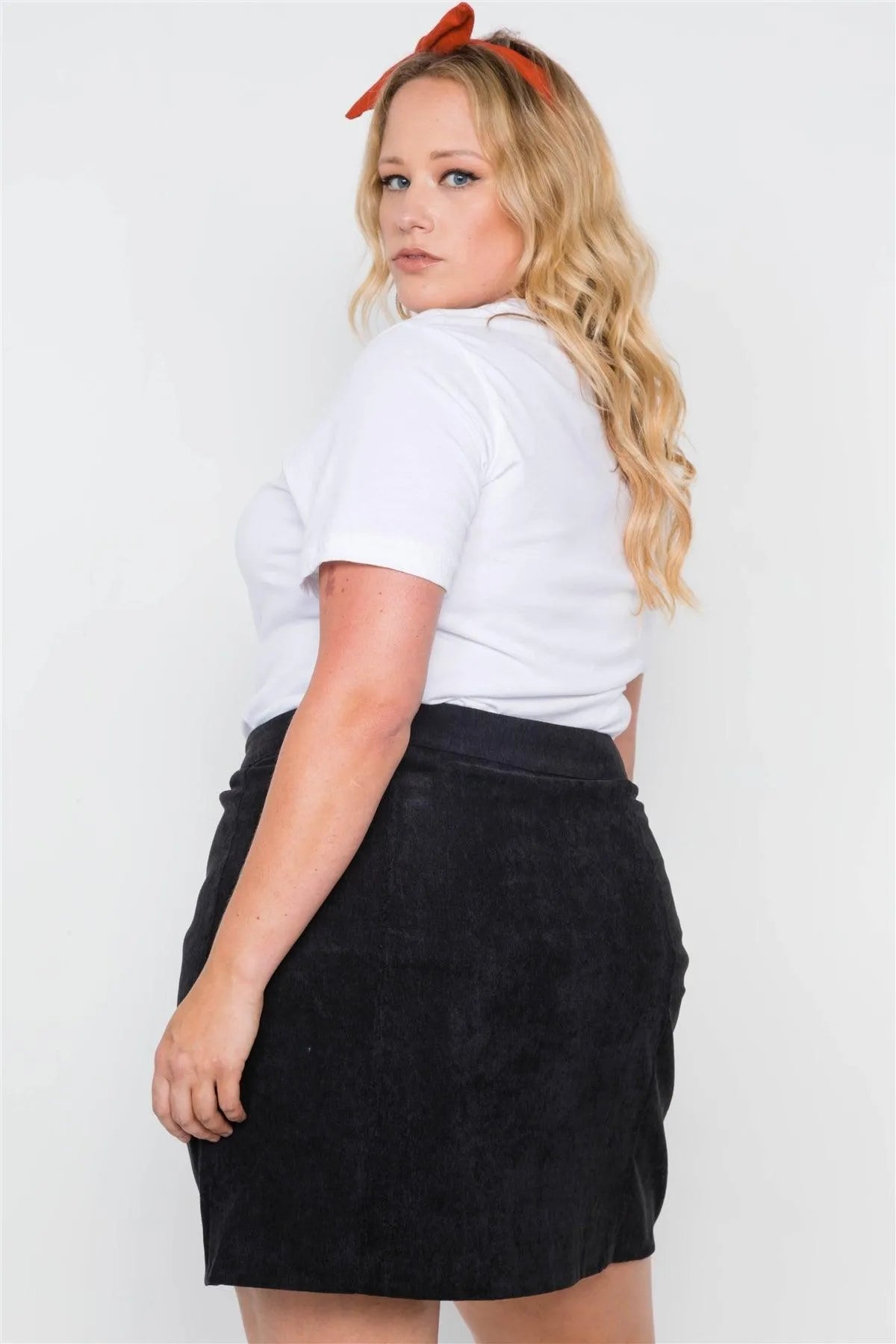 Plus Size Black Corduroy Scallop Front Mini Skirt - Tasha Apparel Wholesale