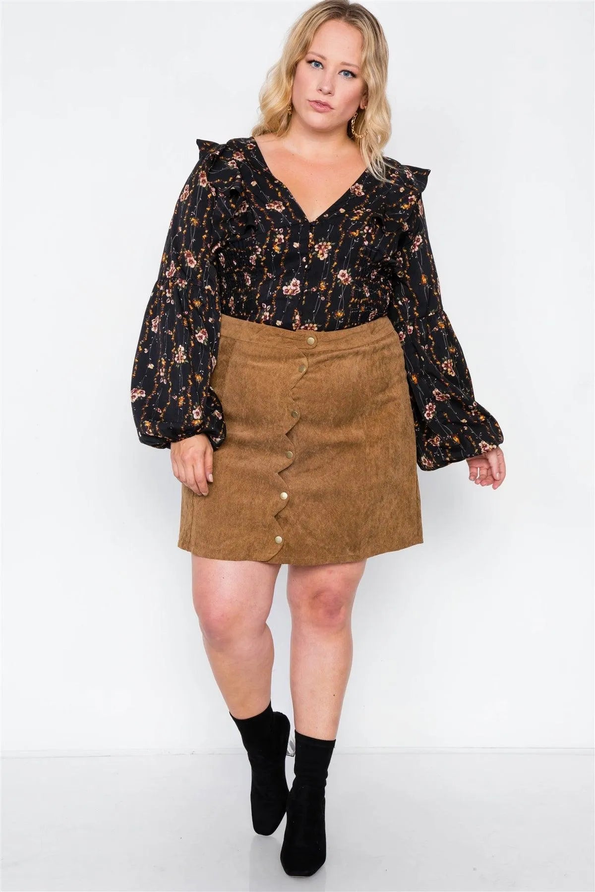Plus Size Camel Corduroy Scallop Front Mini Skirt /2-1 - Tasha Apparel Wholesale