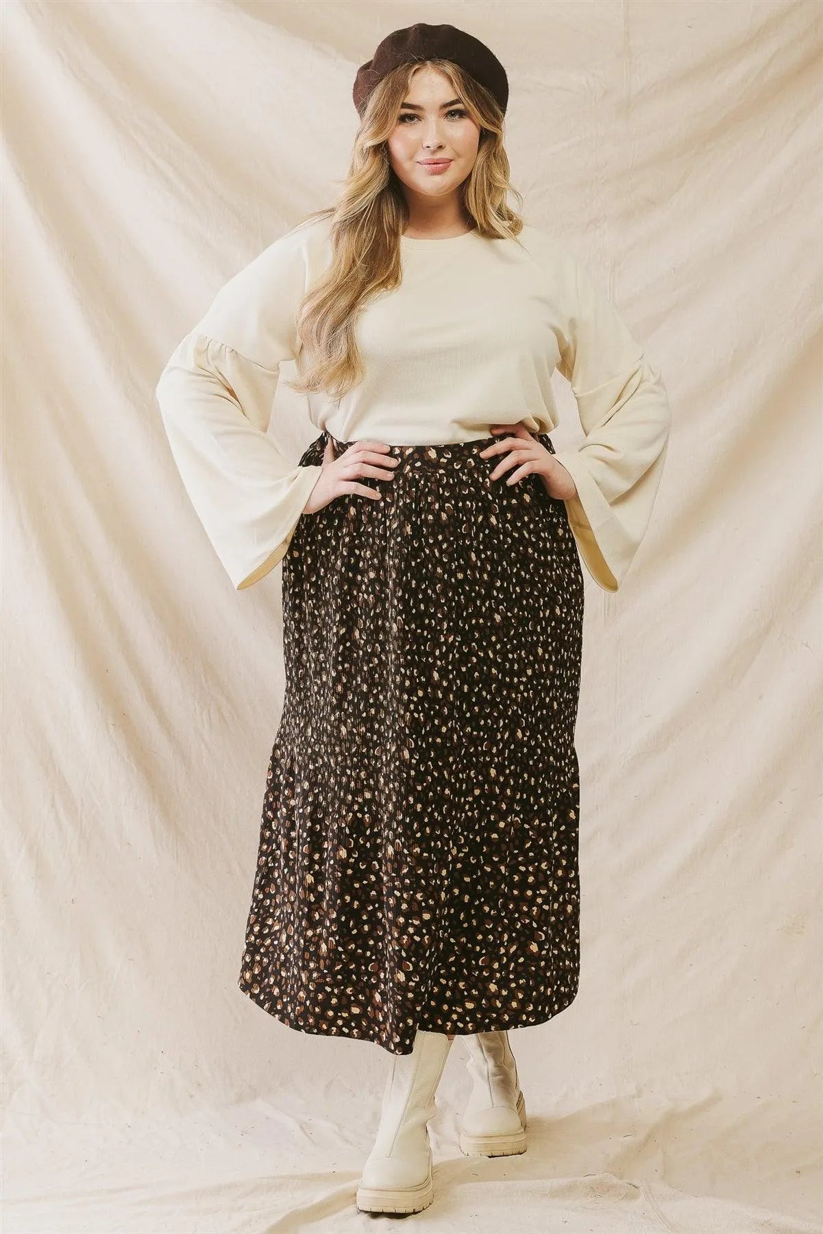 Junior Plus Black Textured Leopard Print Elasticized Waist Midi Skirt /3-2-1 - Tasha Apparel Wholesale