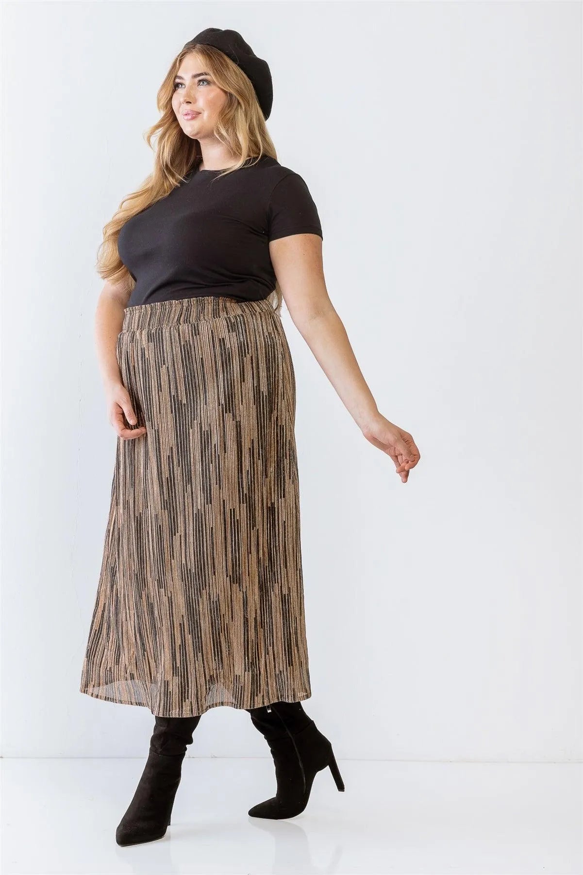 Junior Plus Black & Gold Shiny String Elasticized High Waist Midi Skirt /3-2-1 - Tasha Apparel Wholesale