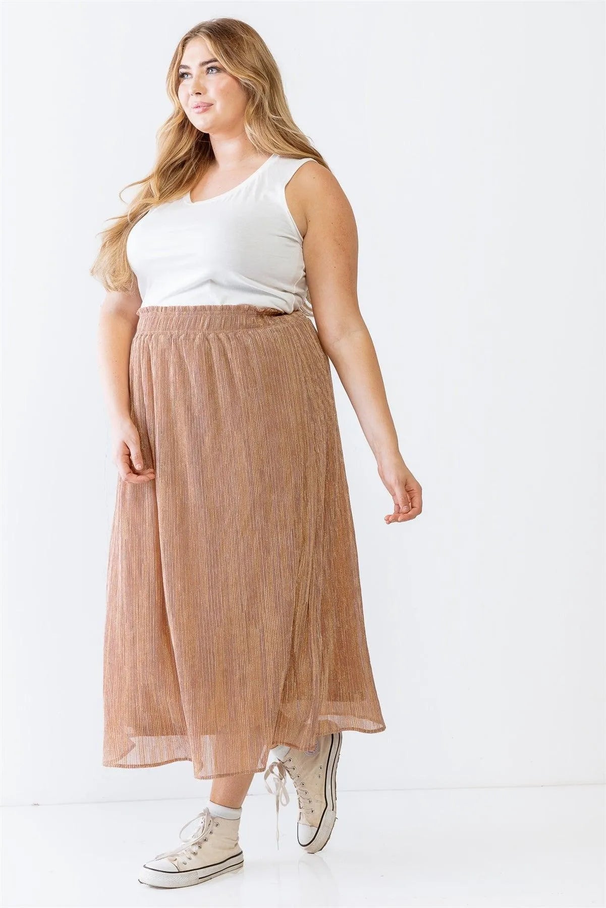 Junior Plus Rose & Gold Shiny String Elasticized High Waist Midi Skirt /3-2-1 - Tasha Apparel Wholesale