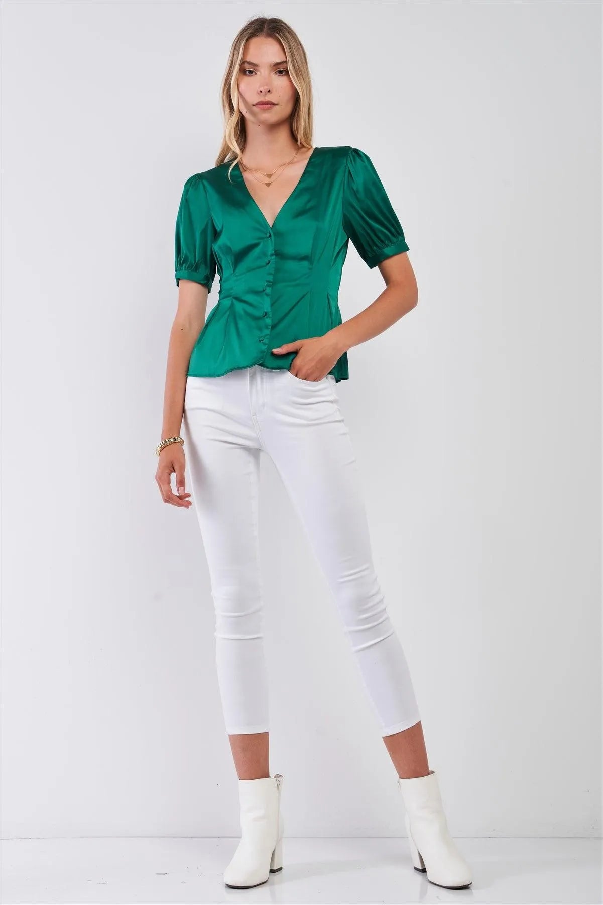 Green Satin Short Puff Sleeve V-Neck Button-Down Blouse /3-2-1 - Tasha Apparel Wholesale