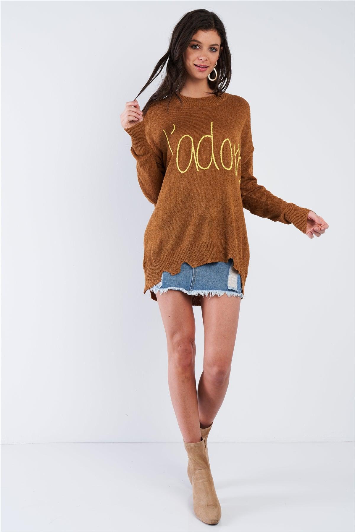 Camel Brown Yellow "J'adore" Script Knit Relaxed Fit Sweater - Tasha Apparel Wholesale