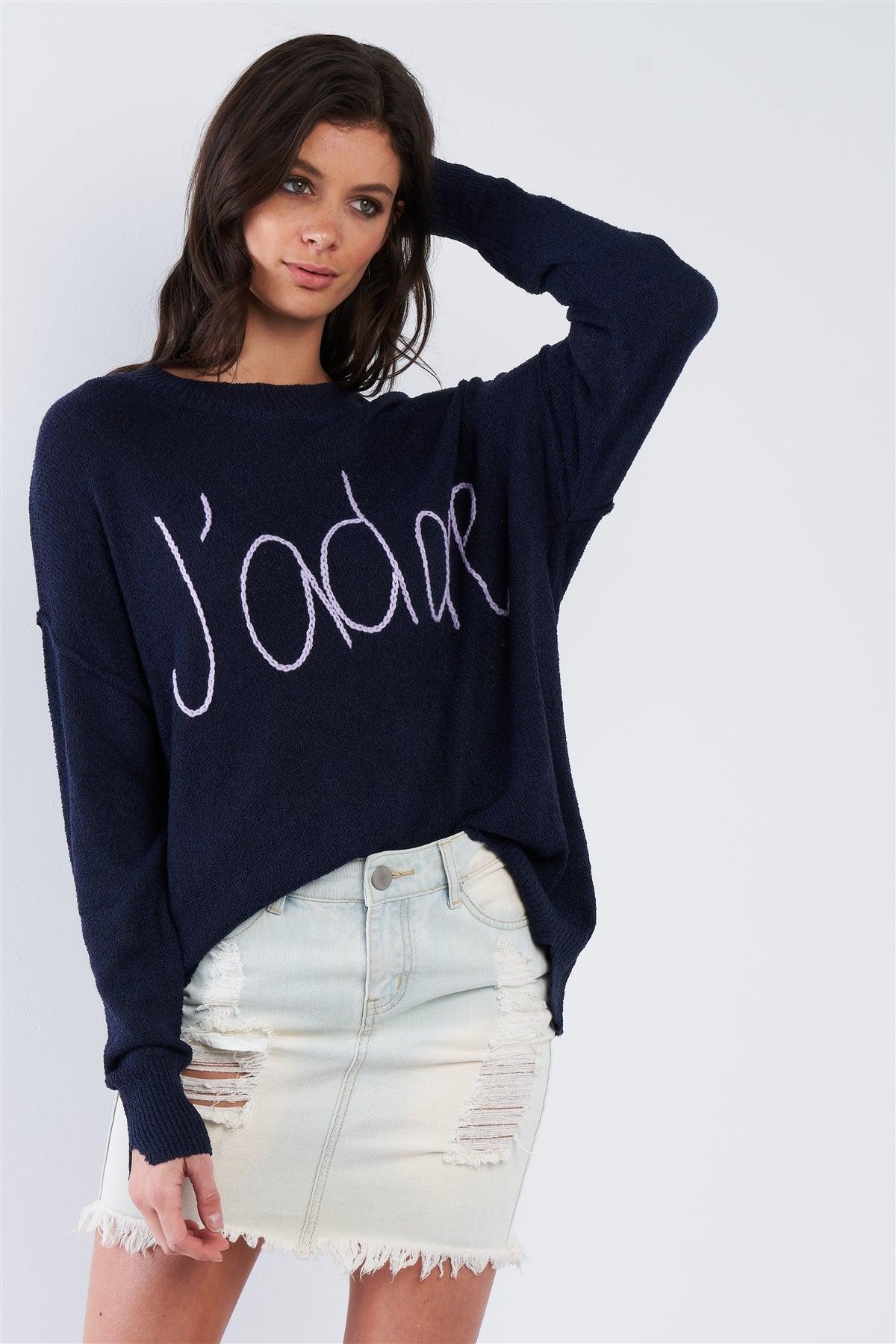 Navy Blue Purple "J'adore" Script Knit Relaxed Fit Sweater - Tasha Apparel Wholesale