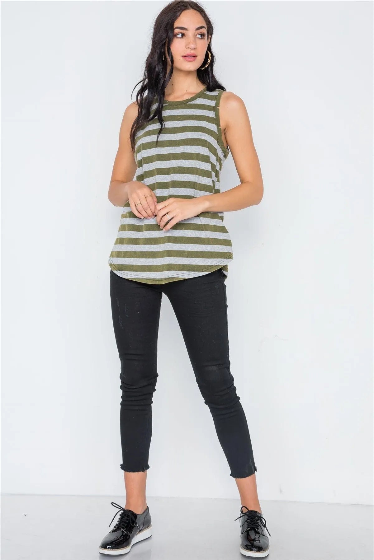 Olive Color-Block Distressed Striped Muscle Tank Top /2-2-2 - Tasha Apparel Wholesale