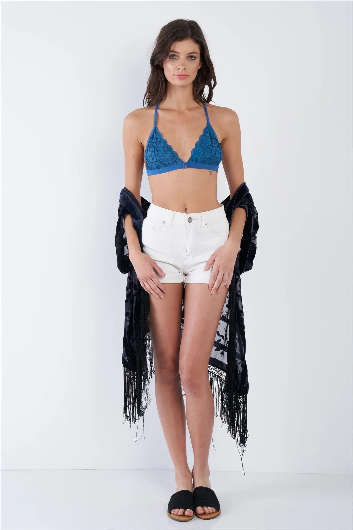 Denim Blue Cut Out Lace Up Raserback Floral Lace Bralette /3-2-1 - Tasha Apparel Wholesale