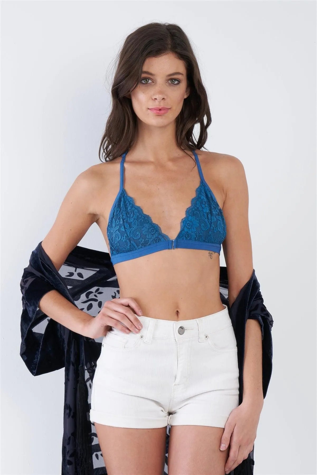 Denim Blue Cut Out Lace Up Raserback Floral Lace Bralette /4-2-1 - Tasha Apparel Wholesale
