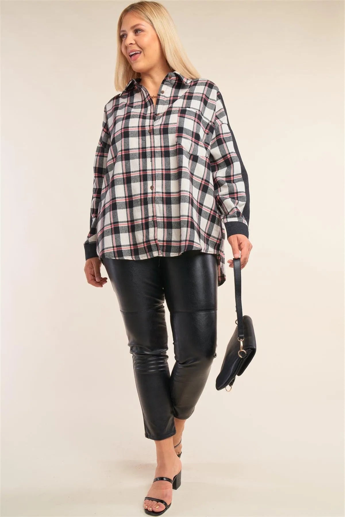 Junior Plus Size Ivory Checkered Denim Cut-In Shirt /2-2-2 - Tasha Apparel Wholesale