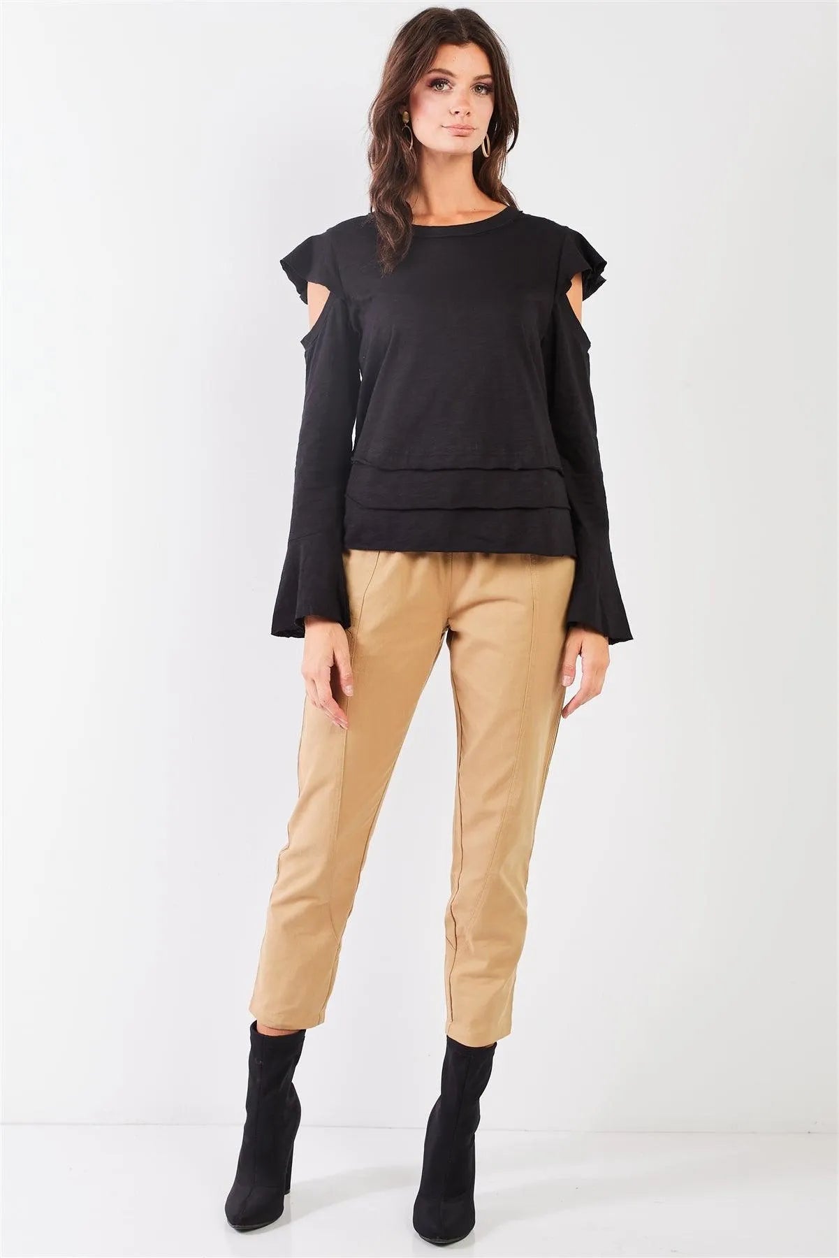 Black Cut-Out Shoulder Bell Sleeve Raw Edge Top /1-1-2 - Tasha Apparel Wholesale