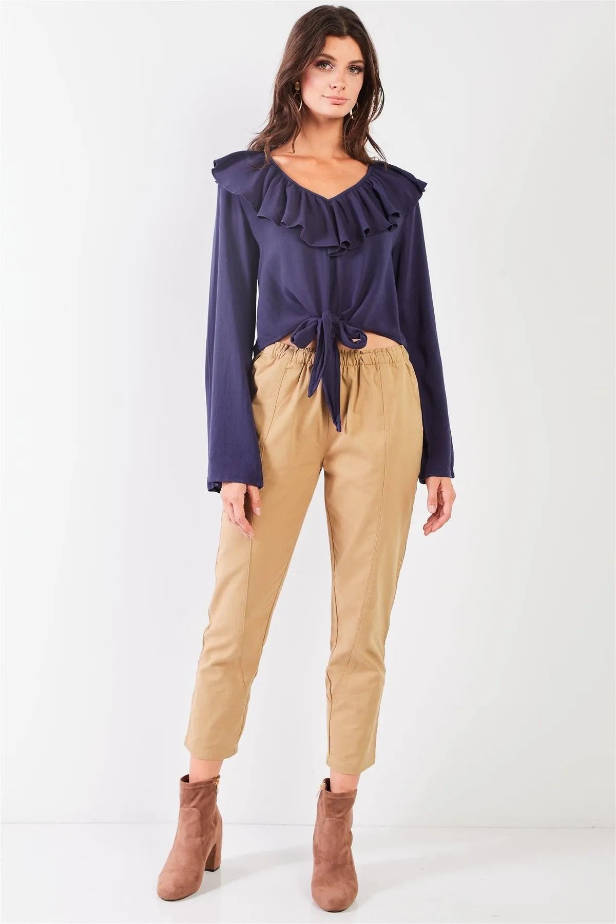 Navy Victorian Collar Self-Tie Front Crop Top /2-2-2 - Tasha Apparel Wholesale