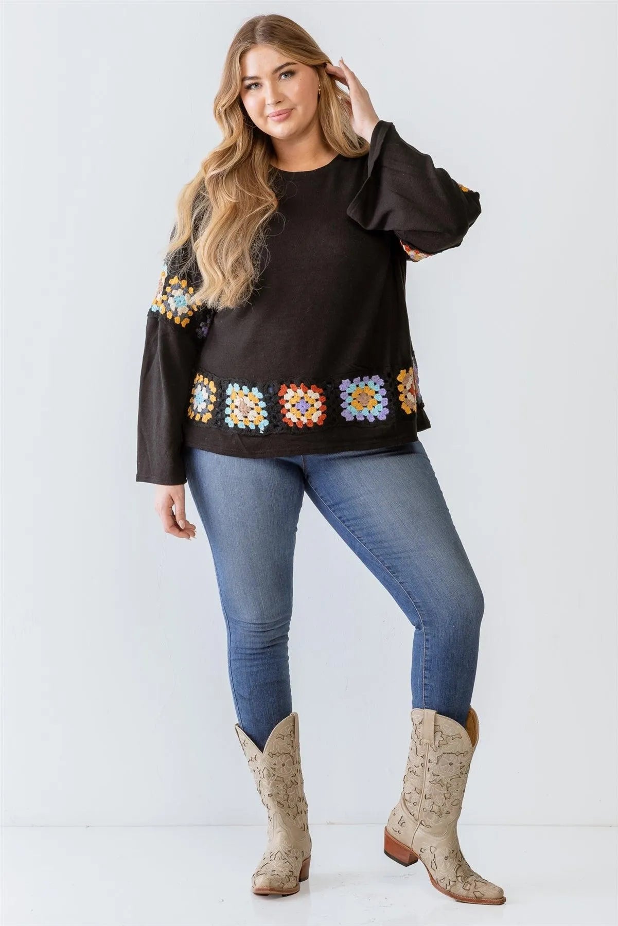 Junior Plus Black Knit Embroidery Detail Long Sleeve Sweater /3-2-1 - Tasha Apparel Wholesale
