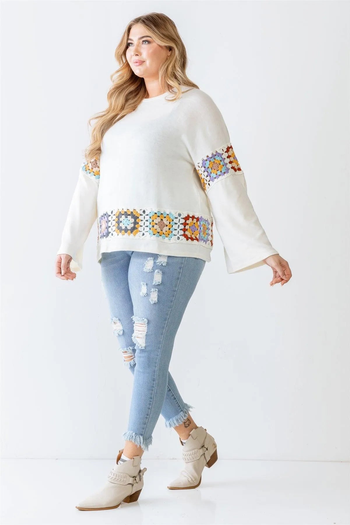 Junior Plus Cream Knit Embroidery Detail Long Sleeve Sweater - Tasha Apparel Wholesale