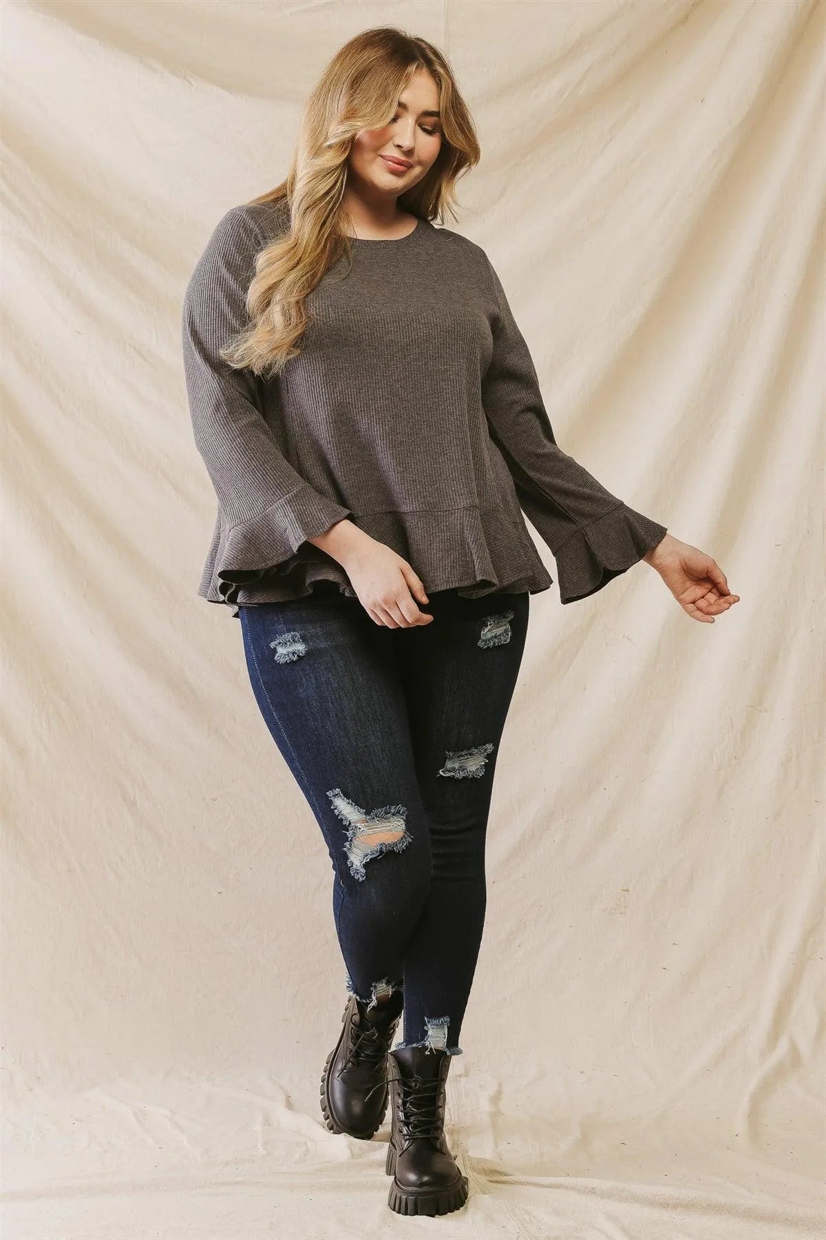 Junior Plus Charcoal Waffle Knit Flare Hem Long Sleeve Top /3-1-1 - Tasha Apparel Wholesale