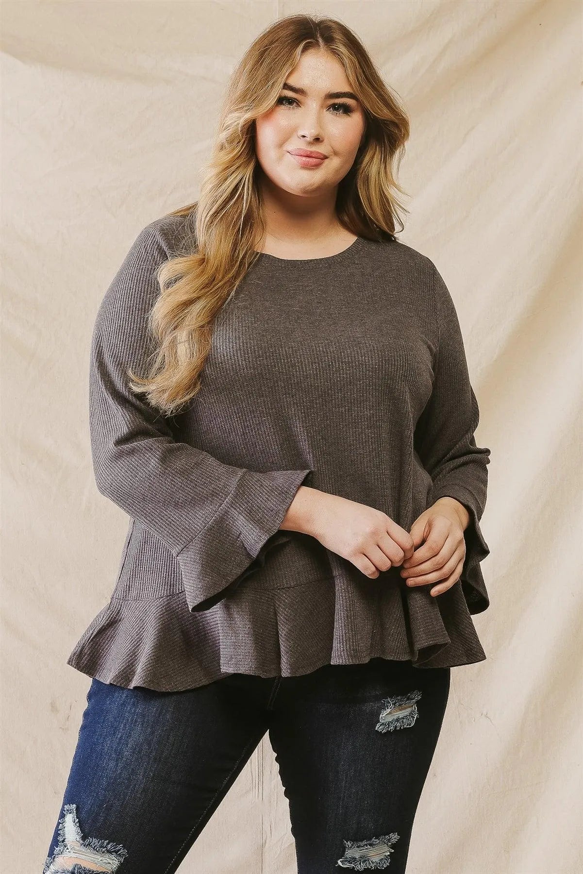 Junior Plus Charcoal Waffle Knit Flare Hem Long Sleeve Top /3-2-1 - Tasha Apparel Wholesale