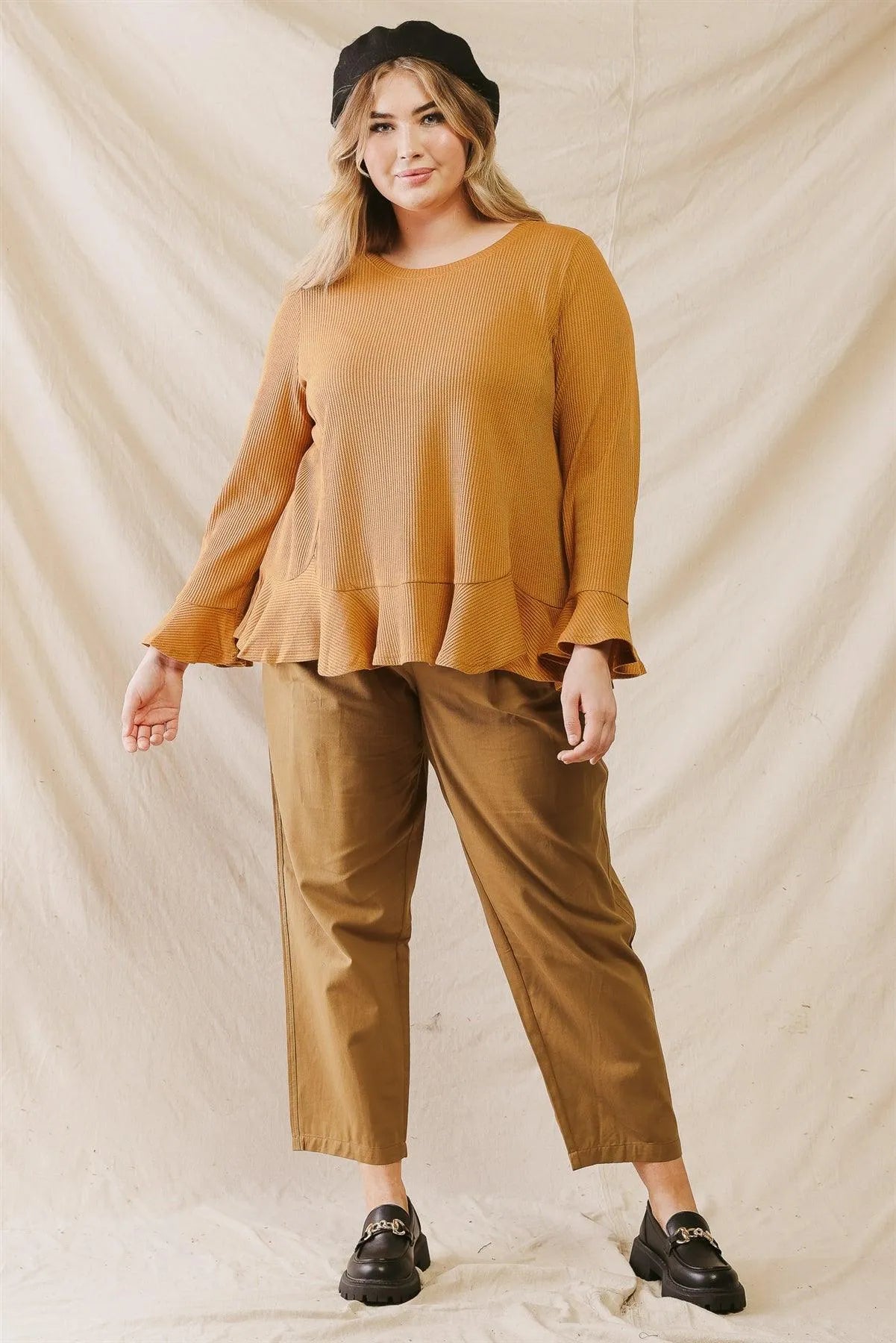 Junior Plus Mustard Waffle Knit Flare Hem Long Sleeve Top /2-2-1 - Tasha Apparel Wholesale