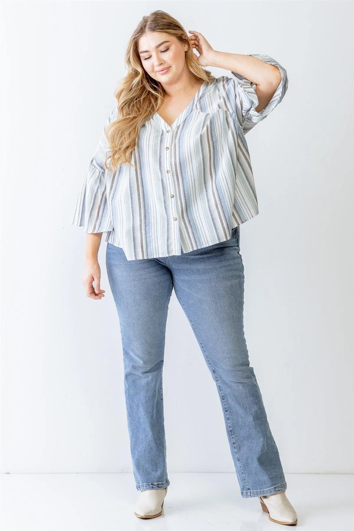 Junior Plus Light Blue Stripe Print Cotton Button-Up Flare Hem Top /1-1-1 - Tasha Apparel Wholesale