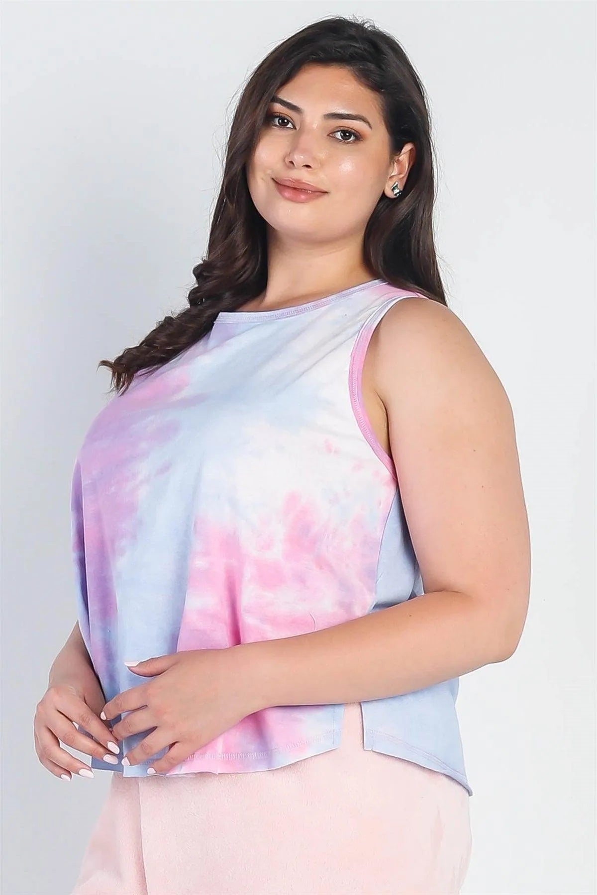 Junior Plus Pink Multi Tie-Dye Round Neck Sleeveless Top /3-2-1 - Tasha Apparel Wholesale