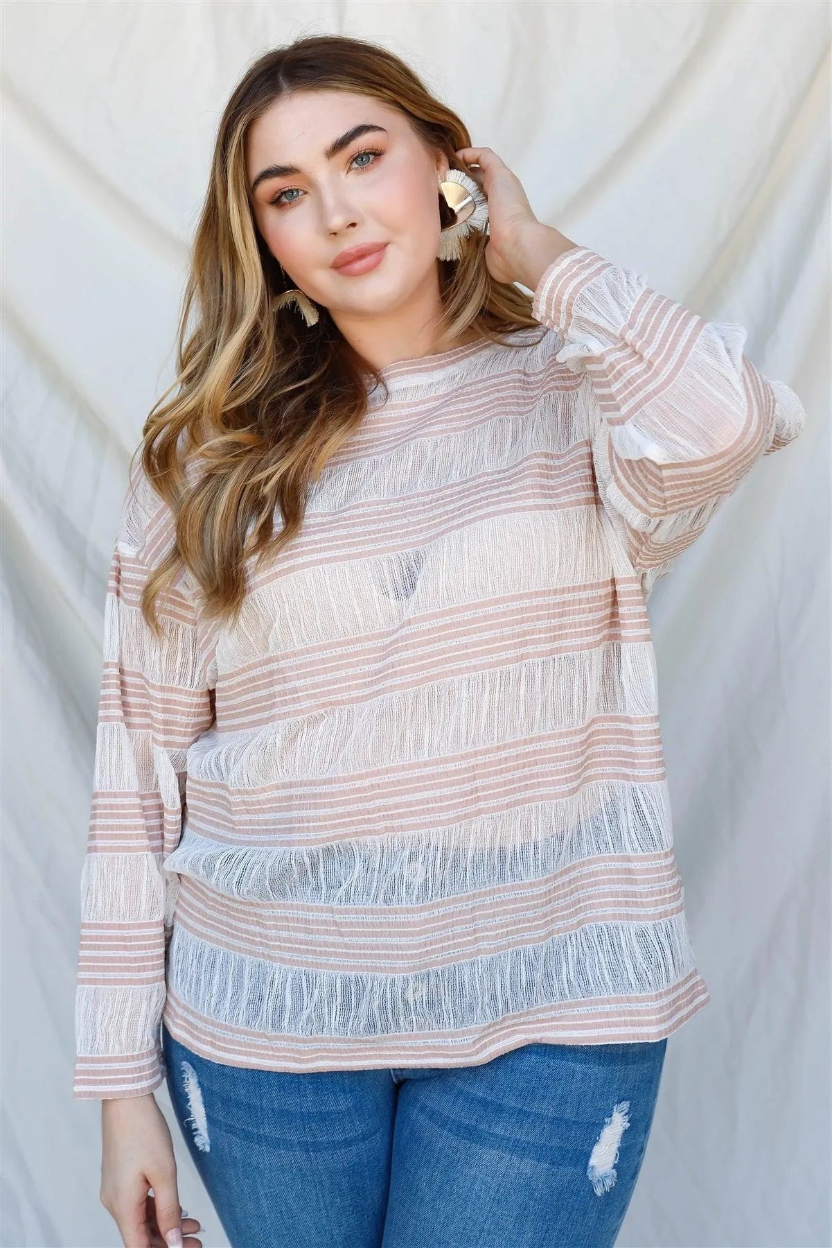 Junior Plus Tan Crochet Stripe Long Sleeve Semi-Sheer Top /3-2-1 - Tasha Apparel Wholesale