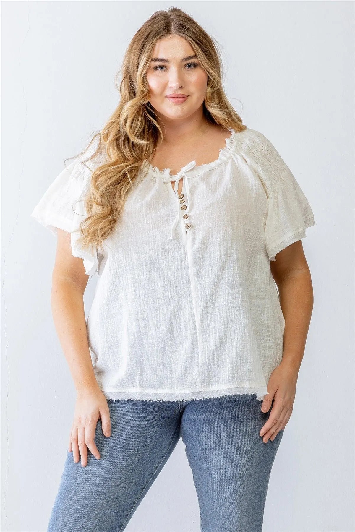 Junior Plus White Cotton Smocked Short Sleeve Button-Up Top /1-1-1 - Tasha Apparel Wholesale